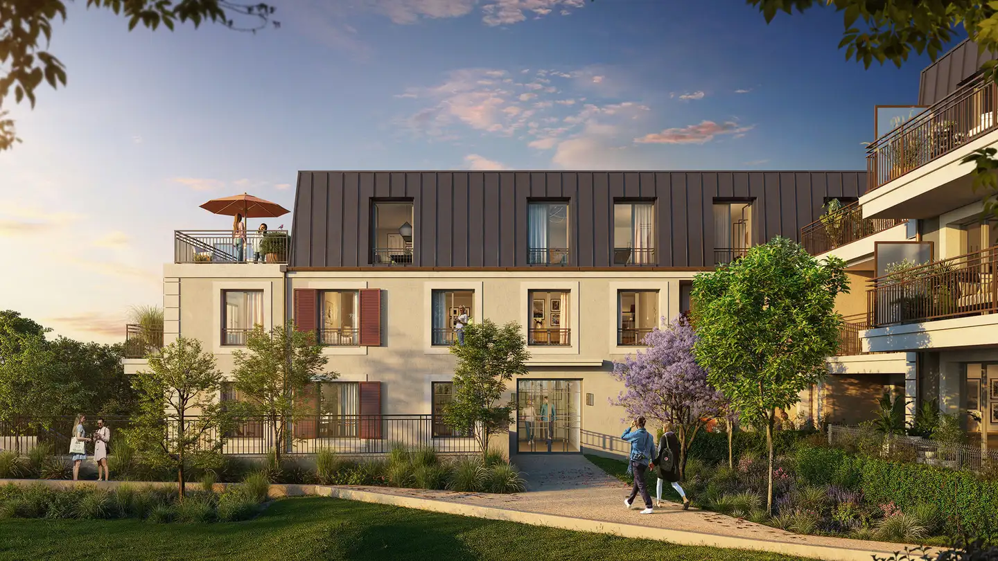 Perspective 3D — Façade sur jardin — L'Écrin Harmonie, Montlhéry