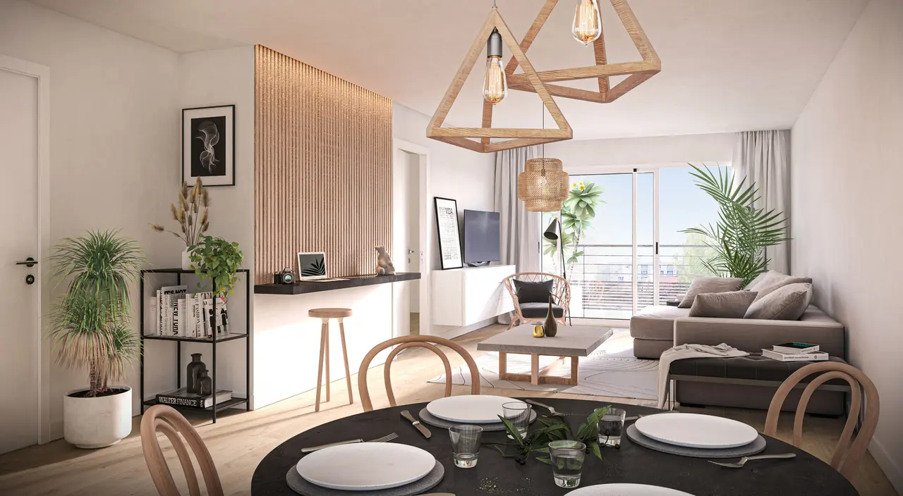 Perspective 3D — Séjour et cuisine — Plaza Bourg-la-Reine Cottages, Bourg-la-Reine